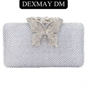 DEXMAY Silver Rhinestone & Crystal Butterfly Clasp w/Dust Bag, EUC